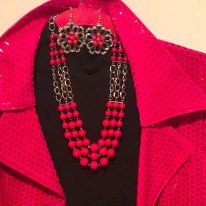 Multi Strand Hot Pink Necklace & Earring Set